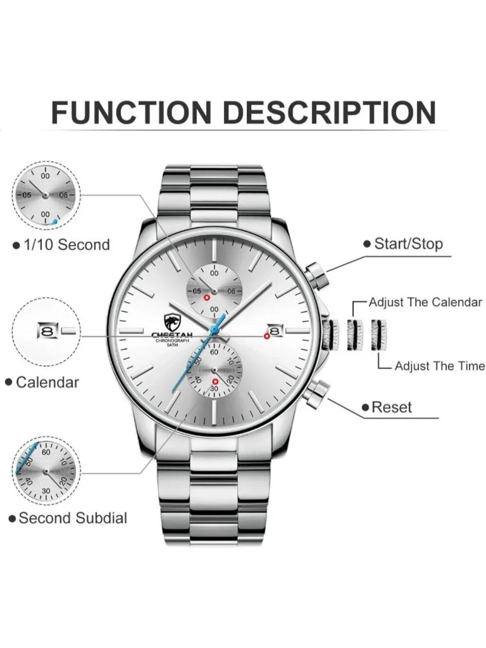 Men's Silver Classic Stainless Steel Waterproof Chronograph Quartz Round Watch